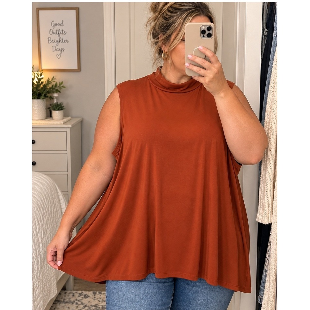 Susan Graver Essentials Tunic Top 3X Rust Mock Neck Sleeveless Stretch NWOT